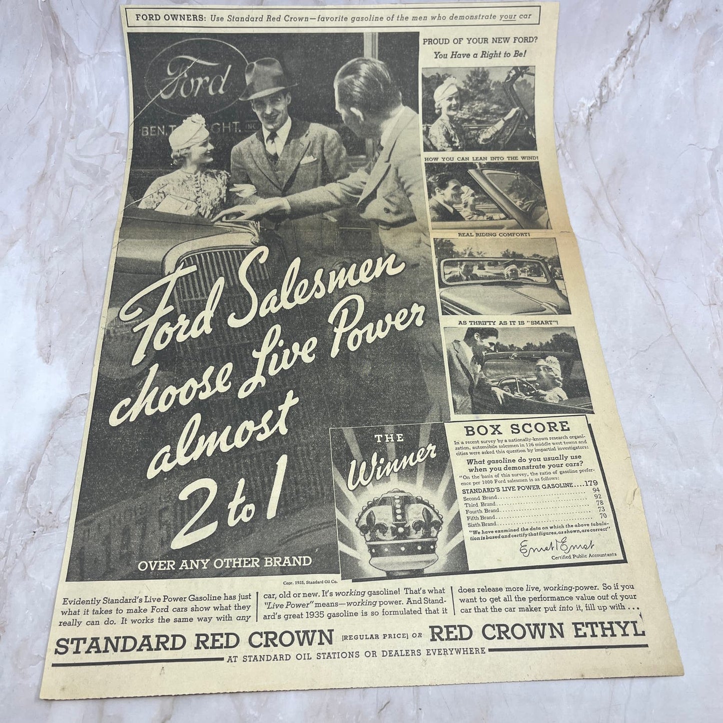 Standard Oil Red Crown Gasoline for Fords 12x18 1935 Minneapolis Journal AdFL6-8