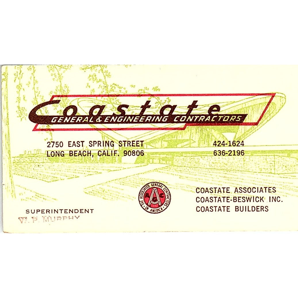 W.P. Murphy Coastate Contracting Long Beach CA Vintage Business Card SD9-B3