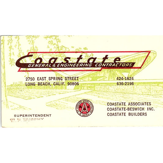 W.P. Murphy Coastate Contracting Long Beach CA Vintage Business Card SD9-B3