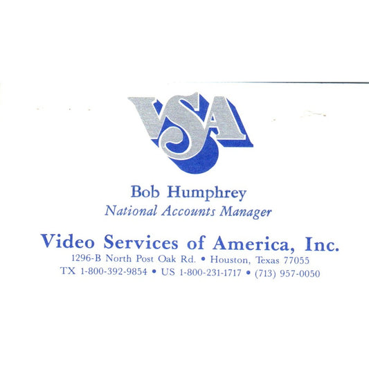 Bob Humphrey VSA Video Services of America Houston Vintage Business Card SD8-B5