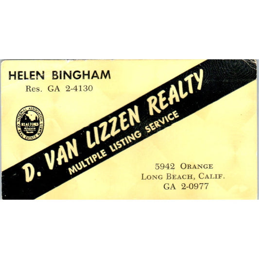 Helen Bingham D. Van Lizzen Realty Long Beach CA Vintage Business Card SD4-B5