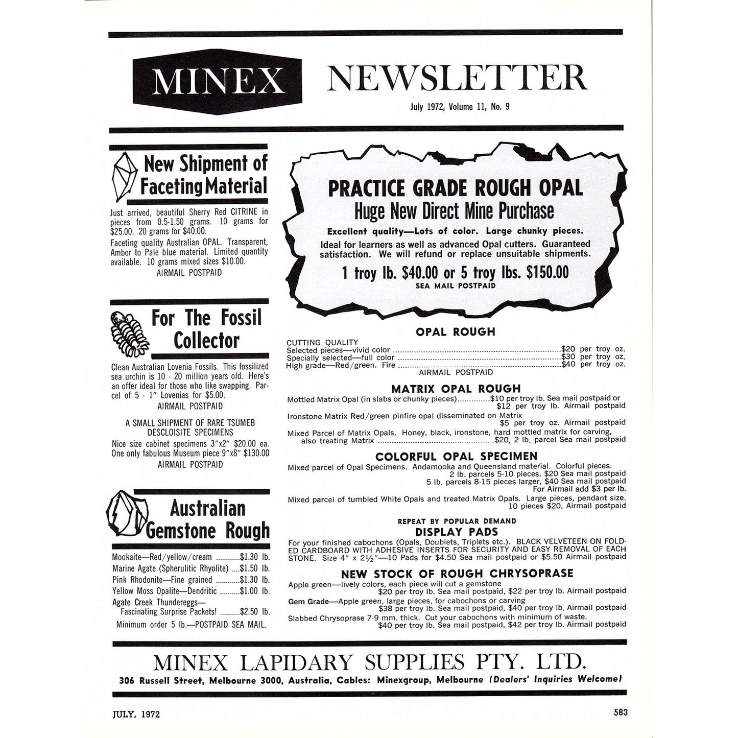 Minex Lapidary Supplies Newsletter Vol 11 No 9 Melbourne Australia 1972 Ad AF8-3