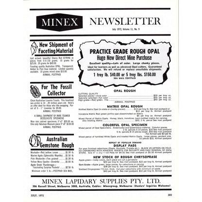 Minex Lapidary Supplies Newsletter Vol 11 No 9 Melbourne Australia 1972 Ad AF8-3