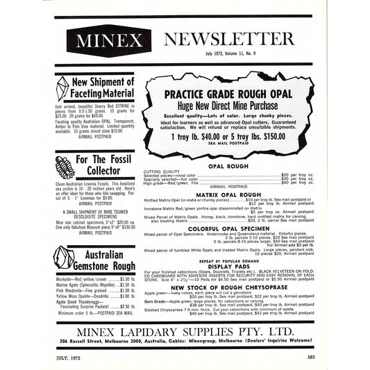 Minex Lapidary Supplies Newsletter Vol 11 No 9 Melbourne Australia 1972 Ad AF8-3