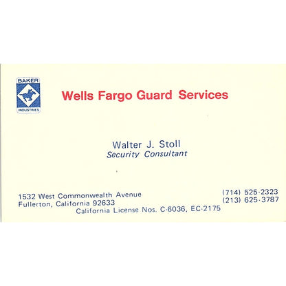 Wells Fargo Guard Services Walter J. Stoll Fullerton CA Business Card SB4-B3