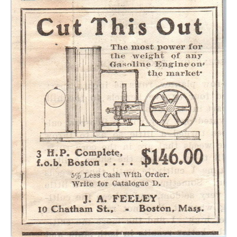 J.A. Feeley Gasoline Engine Boston MA 1905 Magazine Ad AF1-NH2