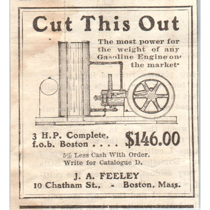 J.A. Feeley Gasoline Engine Boston MA 1905 Magazine Ad AF1-NH2