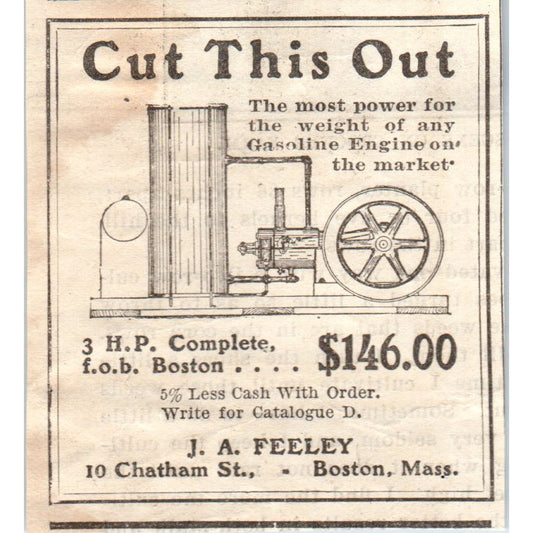 J.A. Feeley Gasoline Engine Boston MA 1905 Magazine Ad AF1-NH2