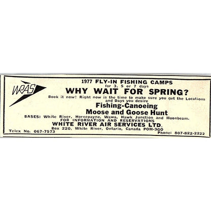 White River Air Services Fly in Fishing Camps Ontario Canada 1977 Ad AF6-M1