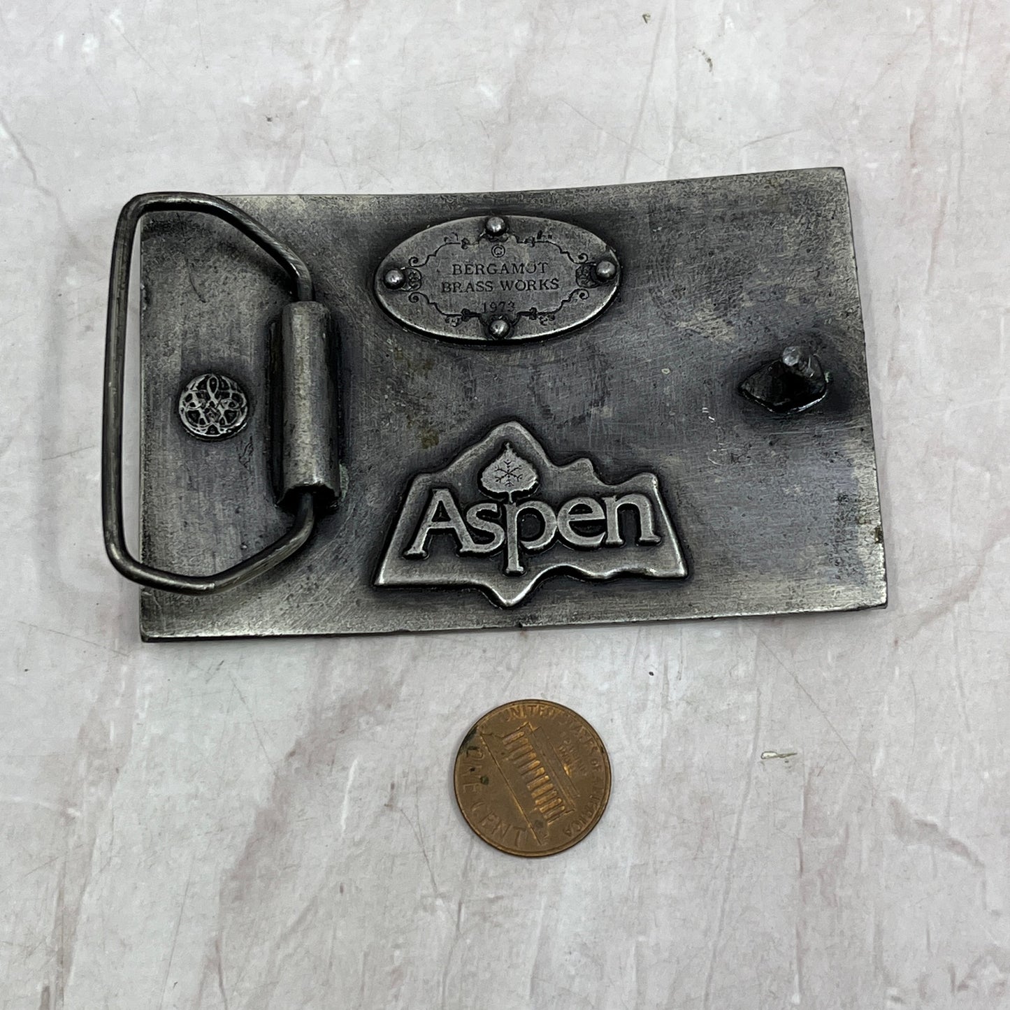 Aspen Colorado 1973 Belt Buckle Bergamot Brass Works USA Pewter SF4