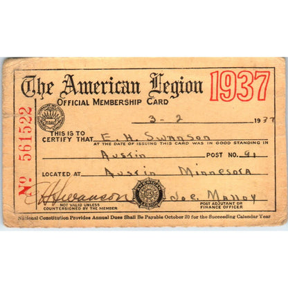 1937 American Legion Member Card E.H. Swanson Austin MN AD7