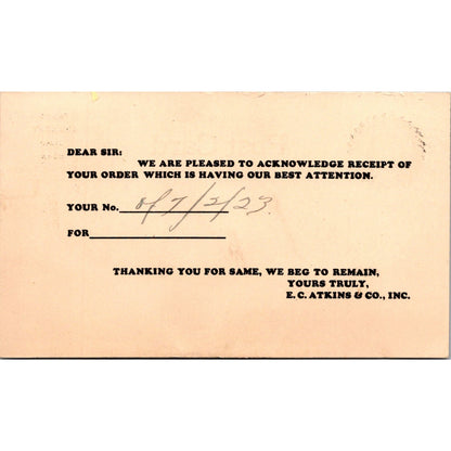 E.C. Atkins Co AAA Atkins Always Ahead Indianapolis IN 1925 Postal Card AK1-M3