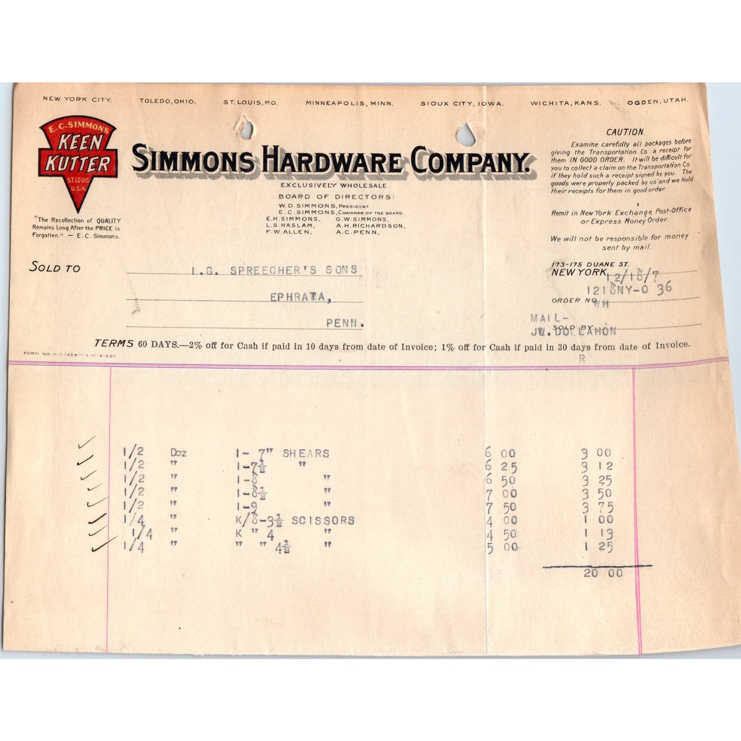 1907 Simmons Hardware Co NY Letterhead Billhead Receipt D11-1