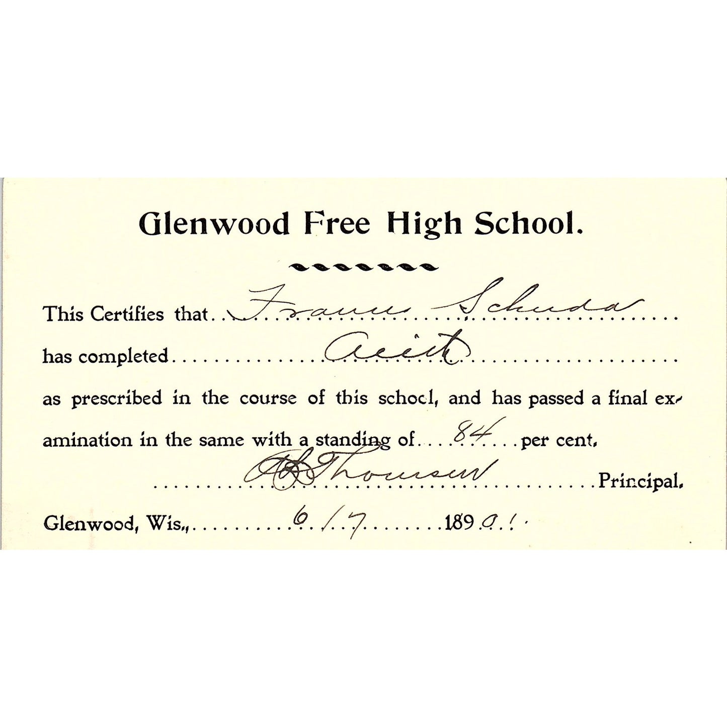 Glenwood Free High School Report Card Frances Schuda Glenwood WI AF9-H2