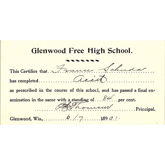 Glenwood Free High School Report Card Frances Schuda Glenwood WI AF9-H2