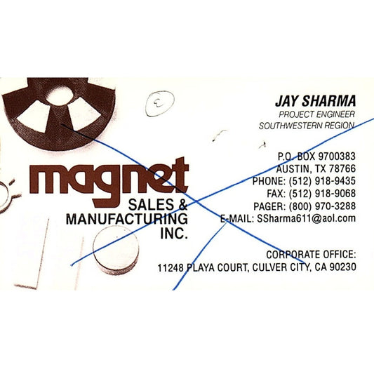 Jay Sharma Magnet Sales & Mfg Culver City CA Vintage Business Card SC9-B8