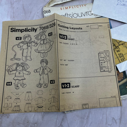 Simplicity 326 / 7068 Doll Clothing Pattern Precious Pals Cabbage Patch Kids TF4