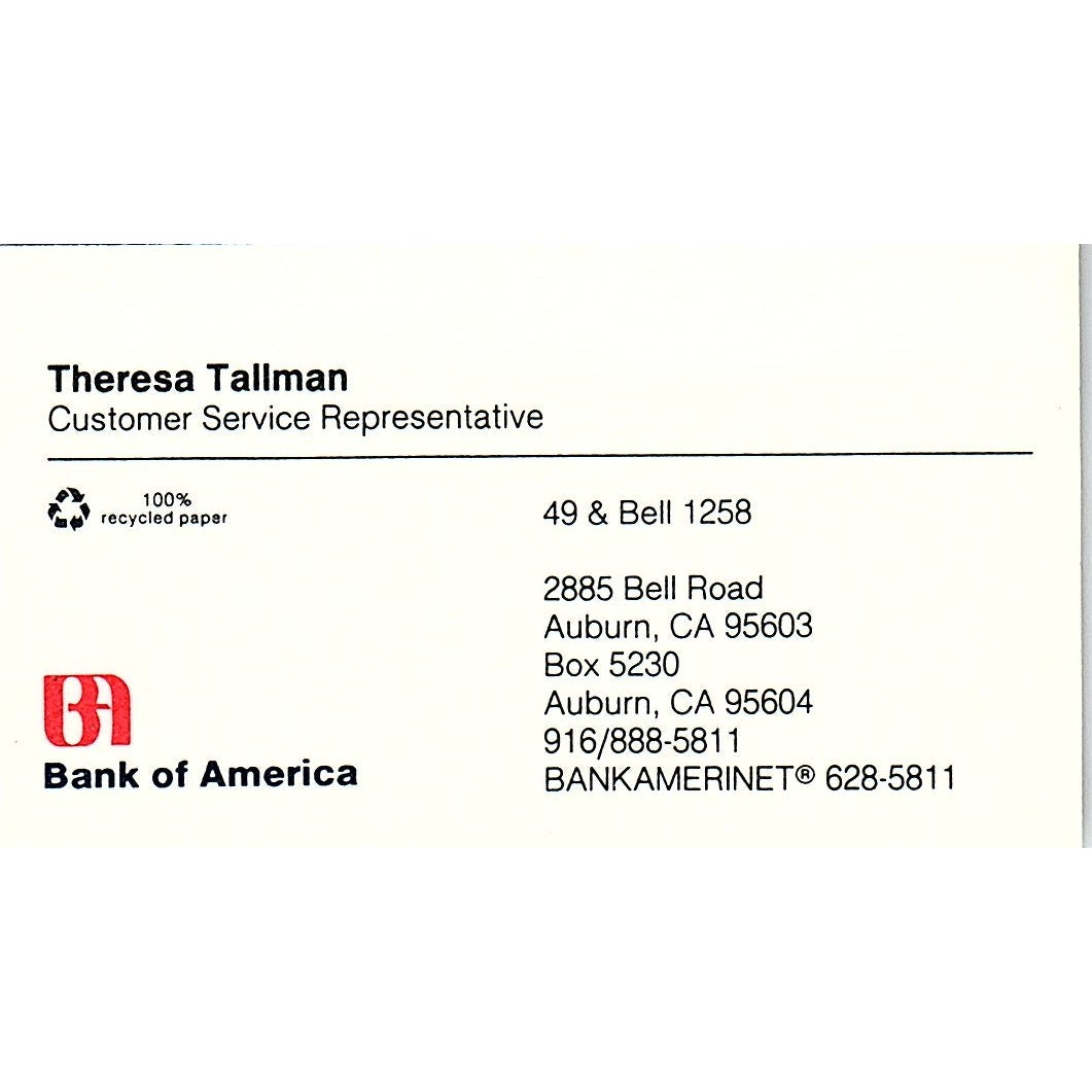 Theresa Tallman Bank of America Auburn CA Vintage Business Card SD9-B14