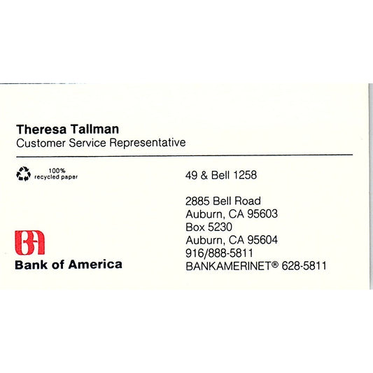 Theresa Tallman Bank of America Auburn CA Vintage Business Card SD9-B14
