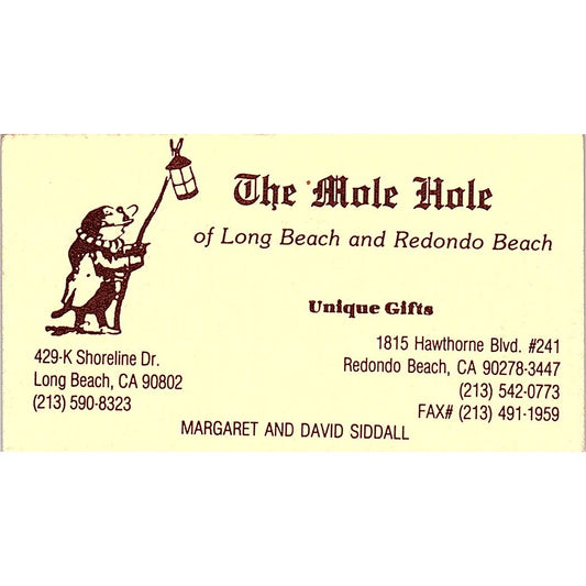 The Mole Hole Margaret & David Siddall Long Beach Vintage Business Card SD9-B11