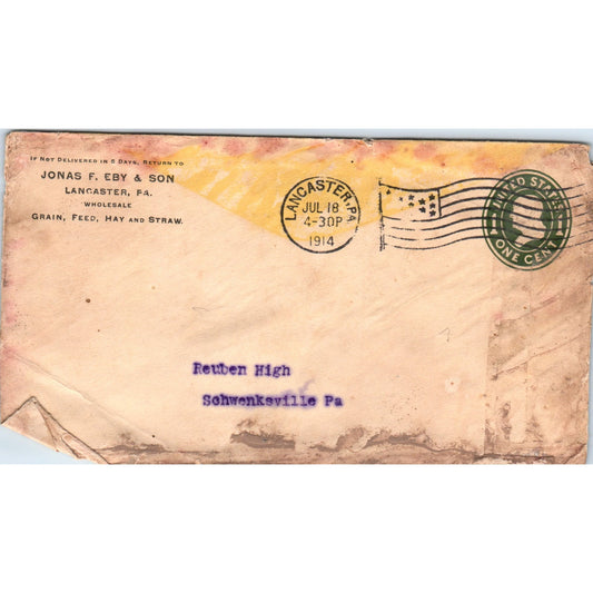 1914 Jonas F. Eby  Reuben F. High Schwenksville Postal Cover Envelope TG7-PC2