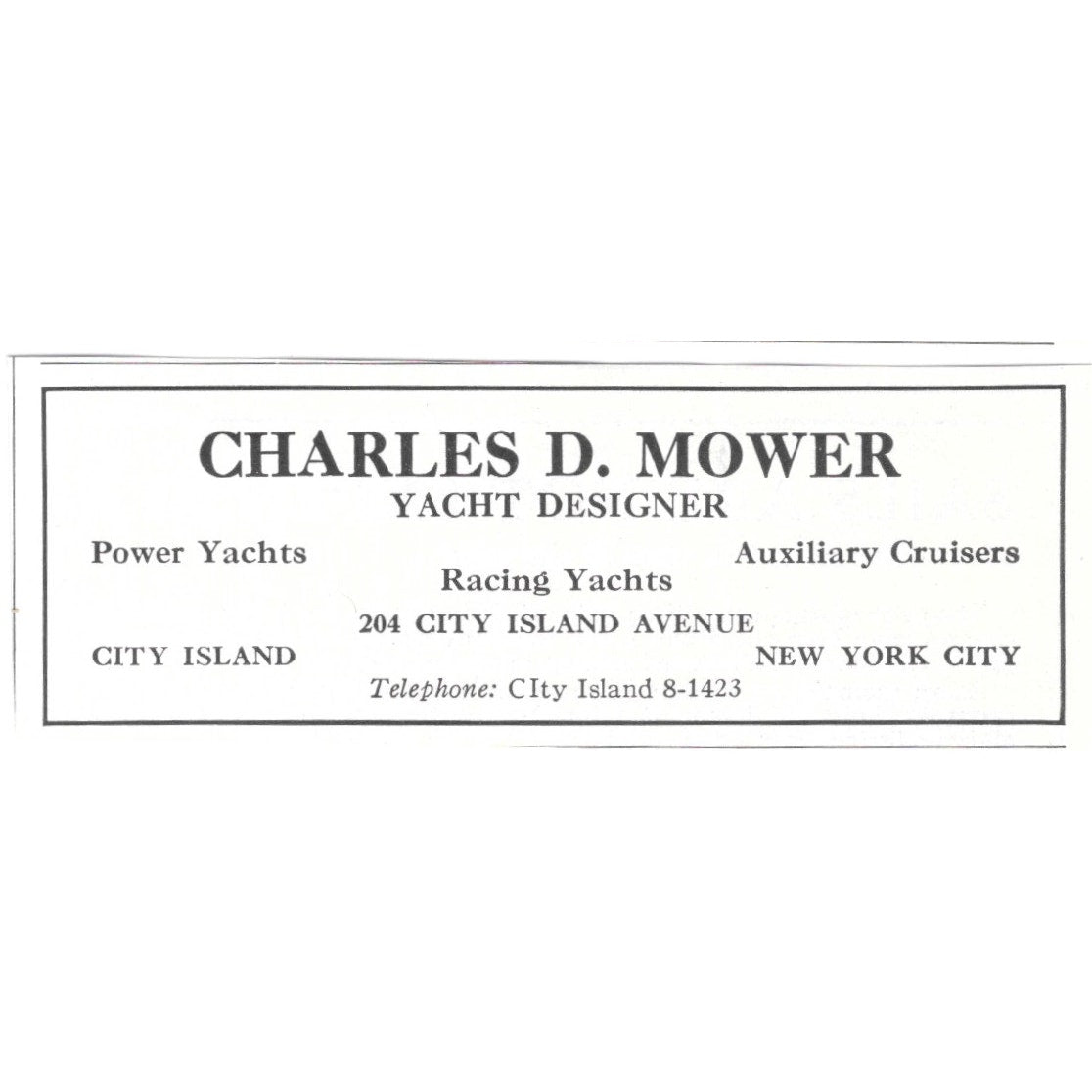 Charles D Mower Yacht Designer City Island New York City 1932 Ad AG2-M20