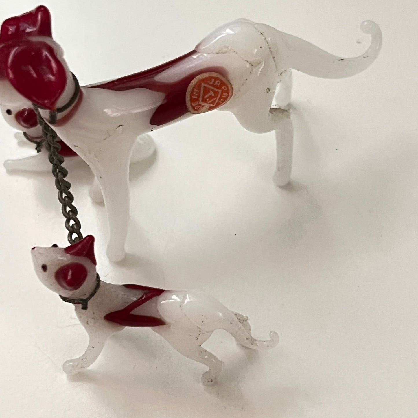 1950's Hand Blown Art Glass Dog With 2 Puppies on Chain 3" Japan SB2
