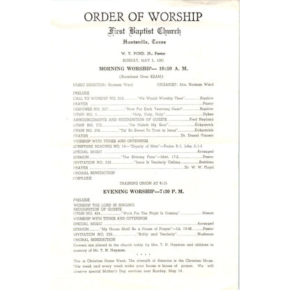 1961 First Baptist Church Huntsville TX Service Program Pastor W.Y. Pond Jr. AE8