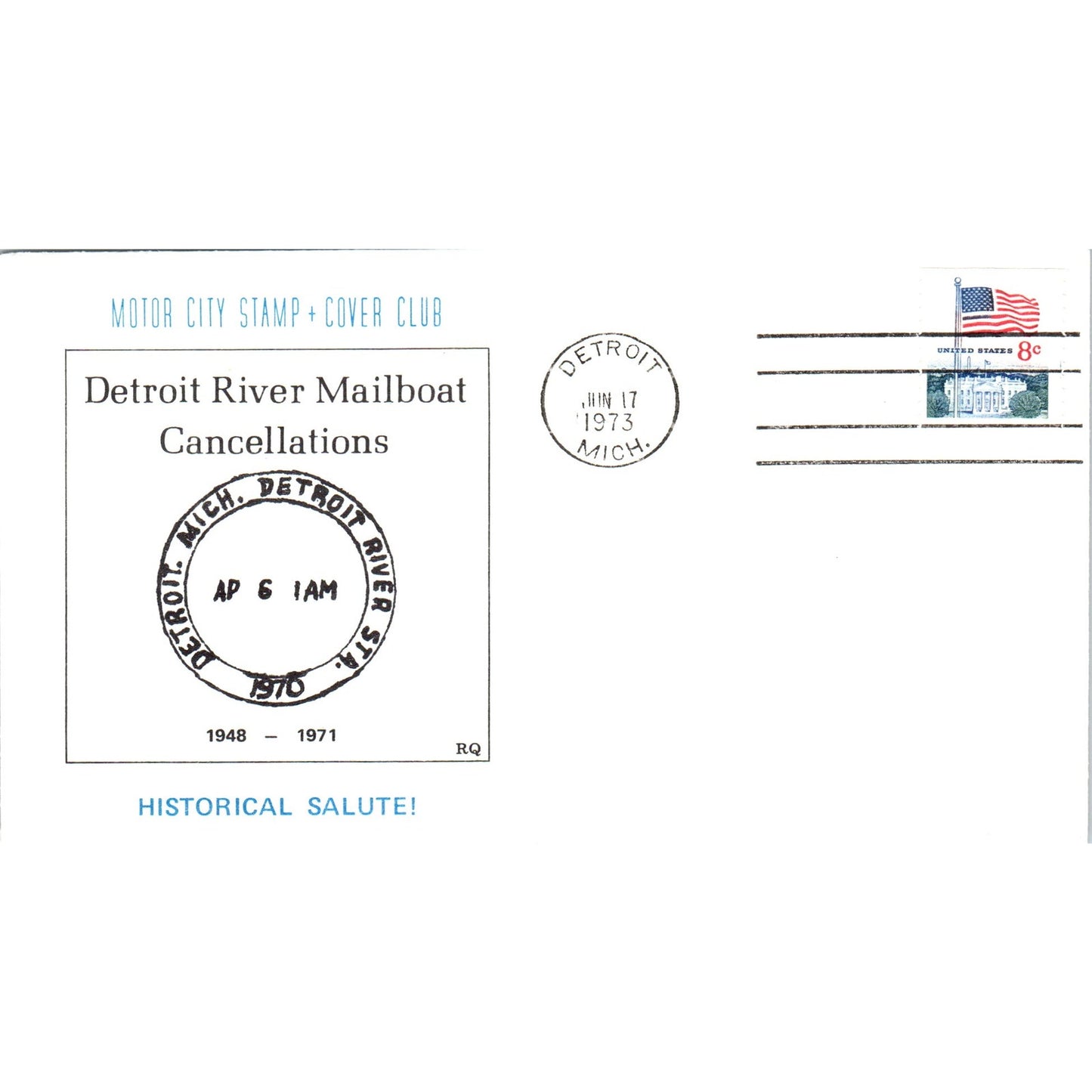 1973 Motor City Stamp Club Detroit River Mailboat Cancellations Cover TI5-PC1