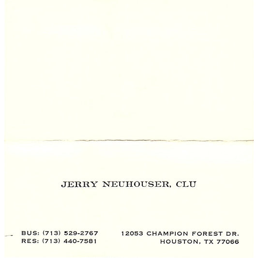 Jerry Neuhouser, CLU Houston TX Vintage Business Card SSB4-B12