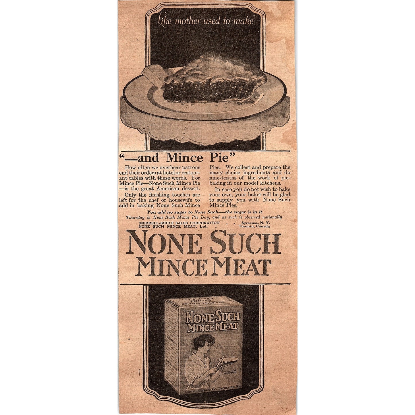 None Such Mincemeat Merrell-Soule Sales Syracuse Toronto 1920 Ad AG2-6
