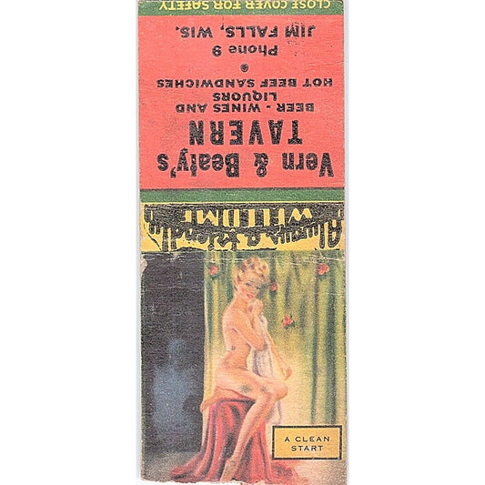 Vern & Beaty's Tavern Jim Falls WI Pinup Vintage Matchbook Cover SF3-Y5