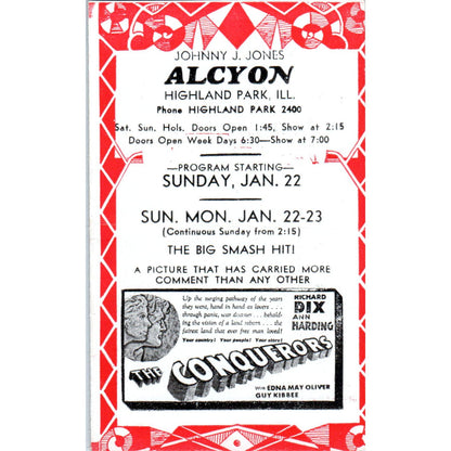 c1932 Johnny J. Jones Alcyon Theatre Highland Park IL Program The Conquerors AB9