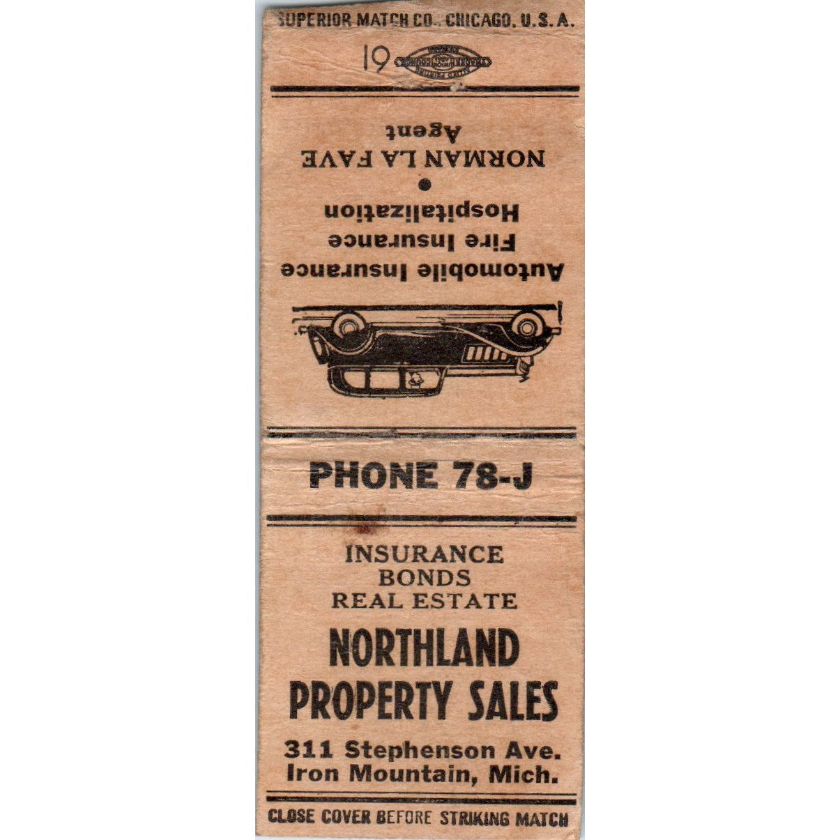 Northland Property Sales Norman Lafave Vintage Matchbook Cover SD2-Y13