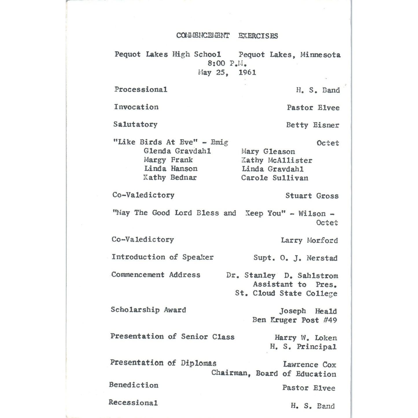 1961 Pequot Lakes High School Commencement Program MN TH9-SX1