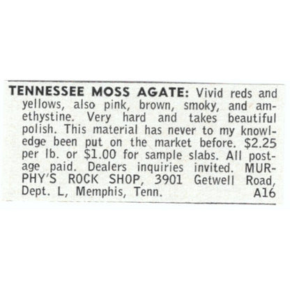 Murphy's Rock Shop Moss Agate Memphis Tennessee 1964 Magazine Ad AB6-LJS2