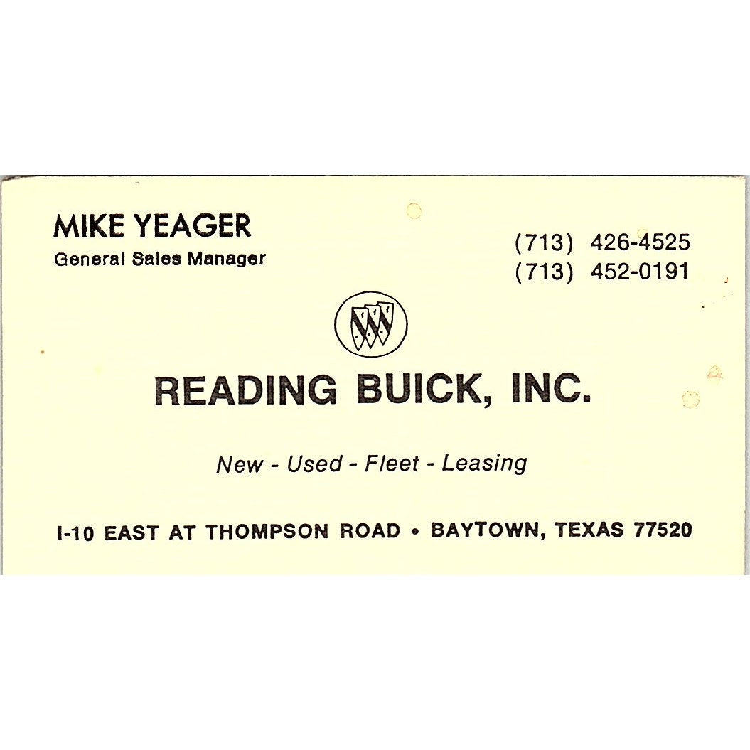 Mike Yeager Reading Buick Inc Baytown Houston Vintage Business Card SD9-B6