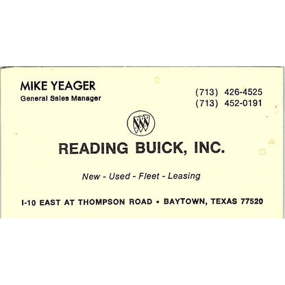 Mike Yeager Reading Buick Inc Baytown Houston Vintage Business Card SD9-B6