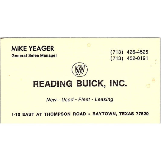 Mike Yeager Reading Buick Inc Baytown Houston Vintage Business Card SD9-B6