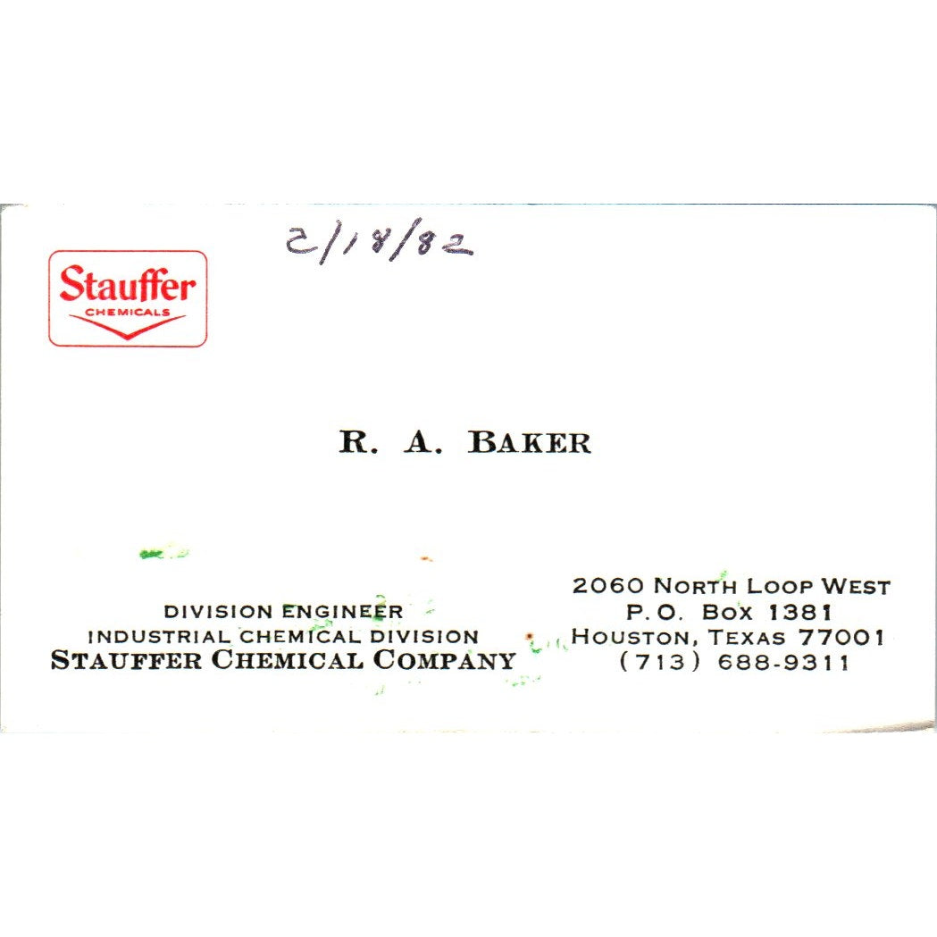 R.A. Baker Stauffer Chemical Company Houston Vintage Business Card SE3-B10