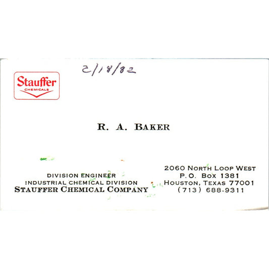 R.A. Baker Stauffer Chemical Company Houston Vintage Business Card SE3-B10