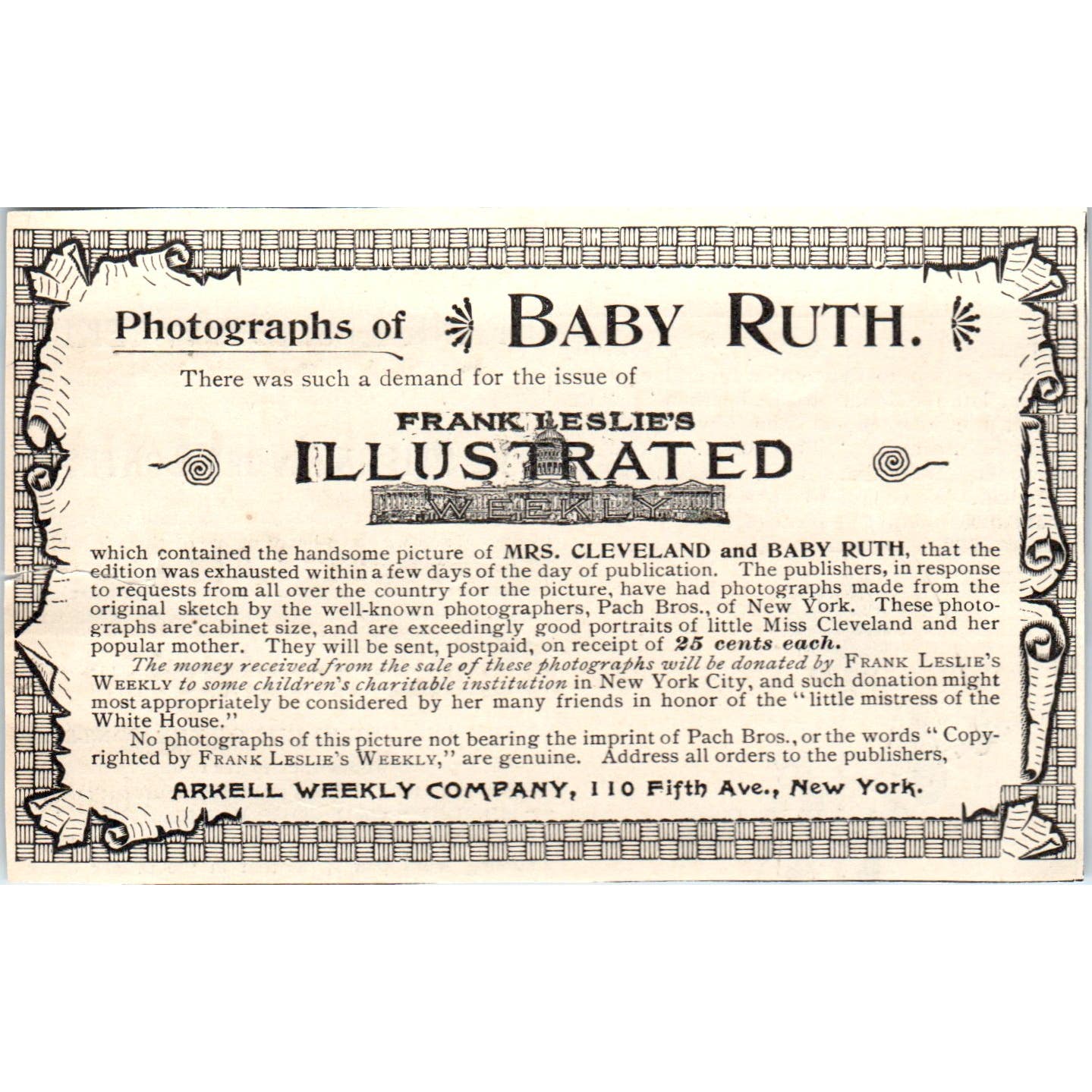 Photos of Baby Ruth Frank Leslie's Illustrated 1893 Judge Magazine Ad AB9-J