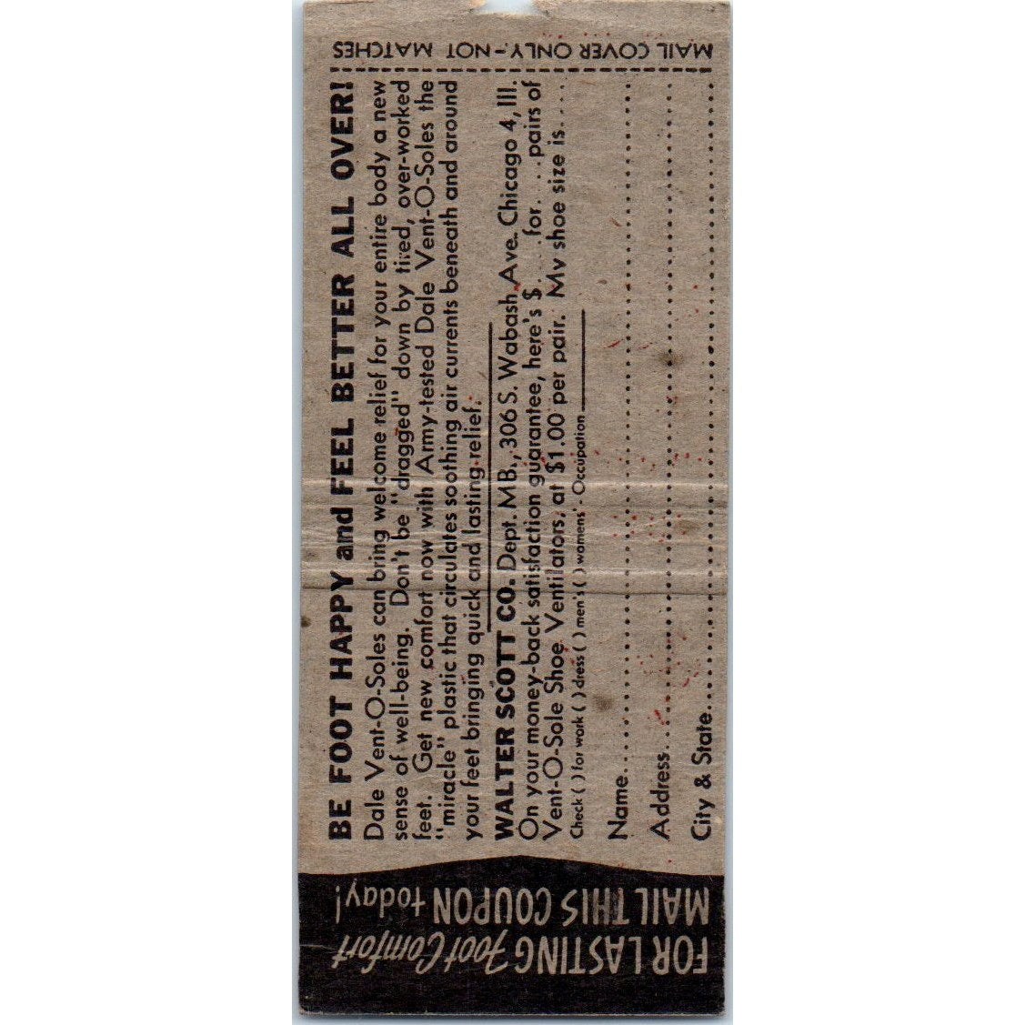 Dale Vent-O-Sole Shoe Ventilators Vintage Matchbook Cover SD2-Y8