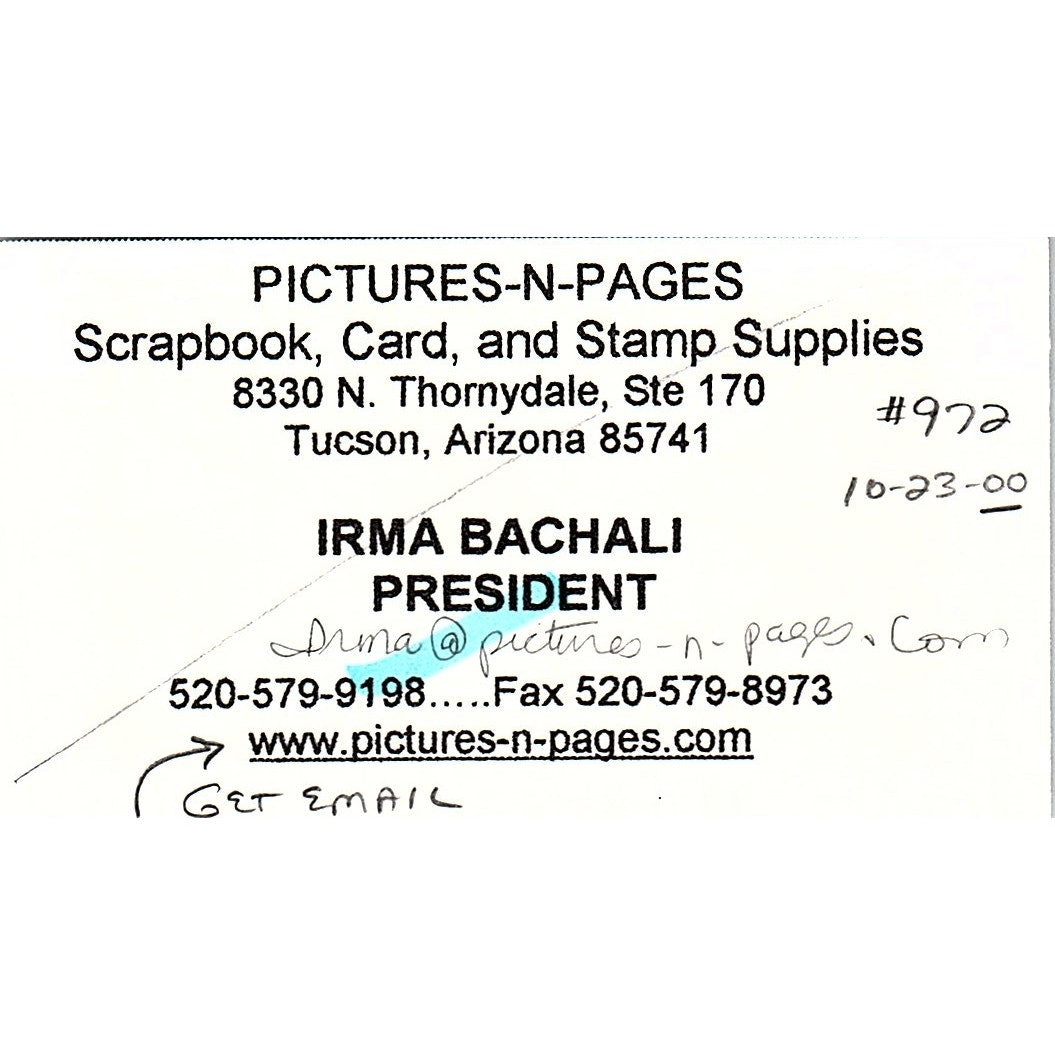 Pictures-N-Pages Irma Bachali Tucson AZ Vintage Business Card SC9-B10