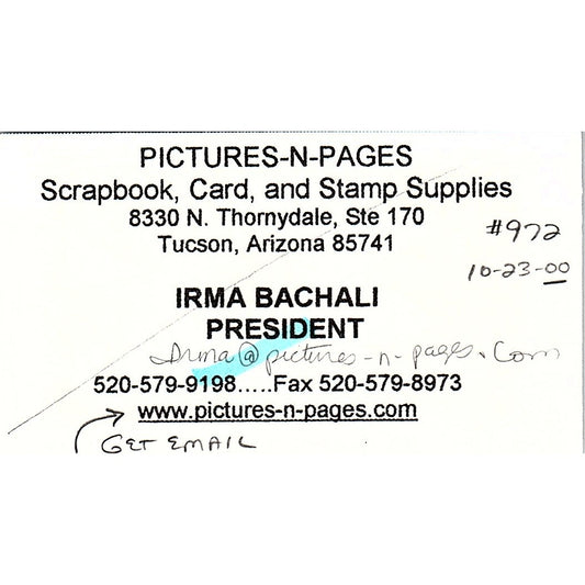 Pictures-N-Pages Irma Bachali Tucson AZ Vintage Business Card SC9-B10