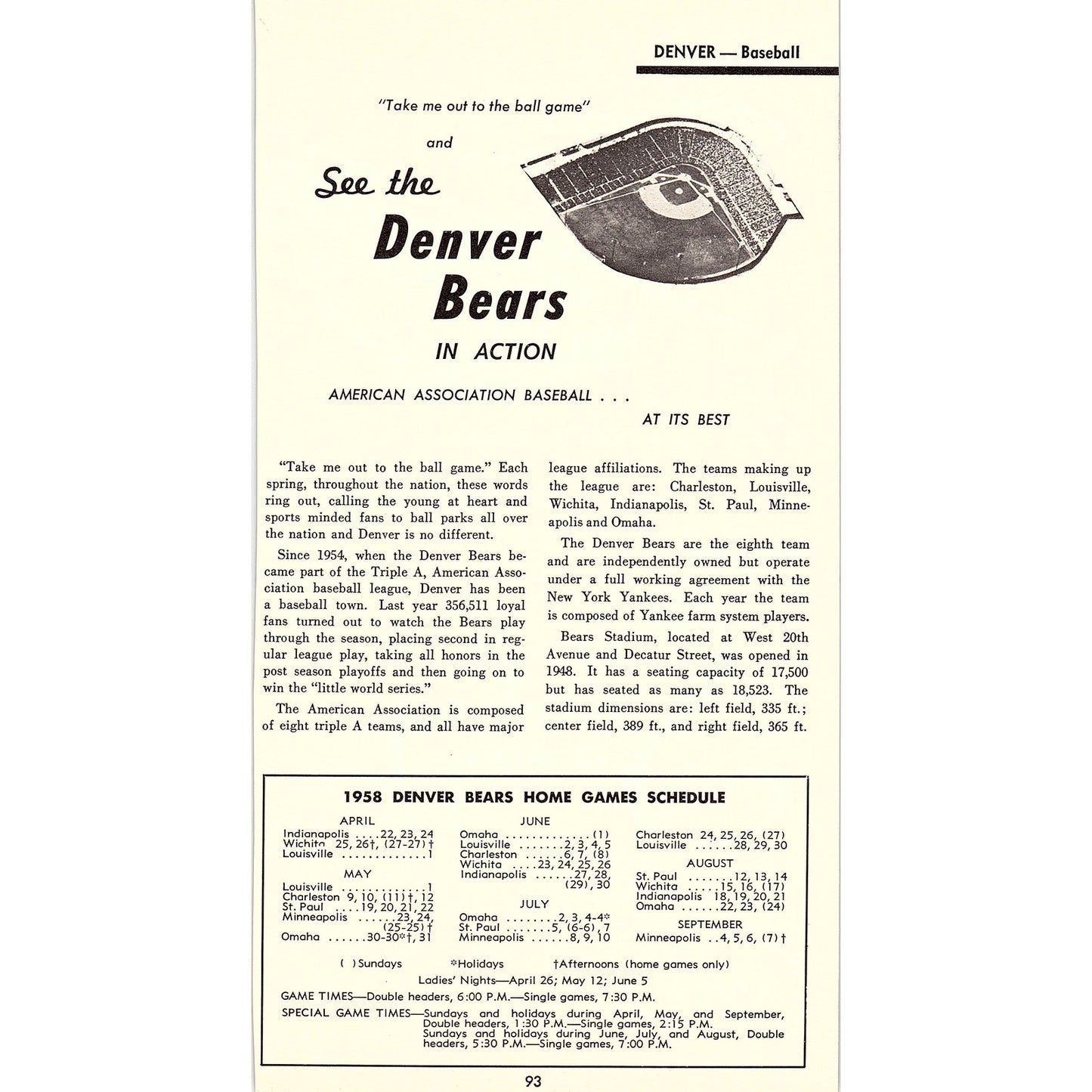 1958 Denver Bears Baseball Home Game Schedule Colorado 1958 Ad AG1-8