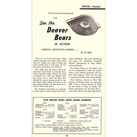 1958 Denver Bears Baseball Home Game Schedule Colorado 1958 Ad AG1-8