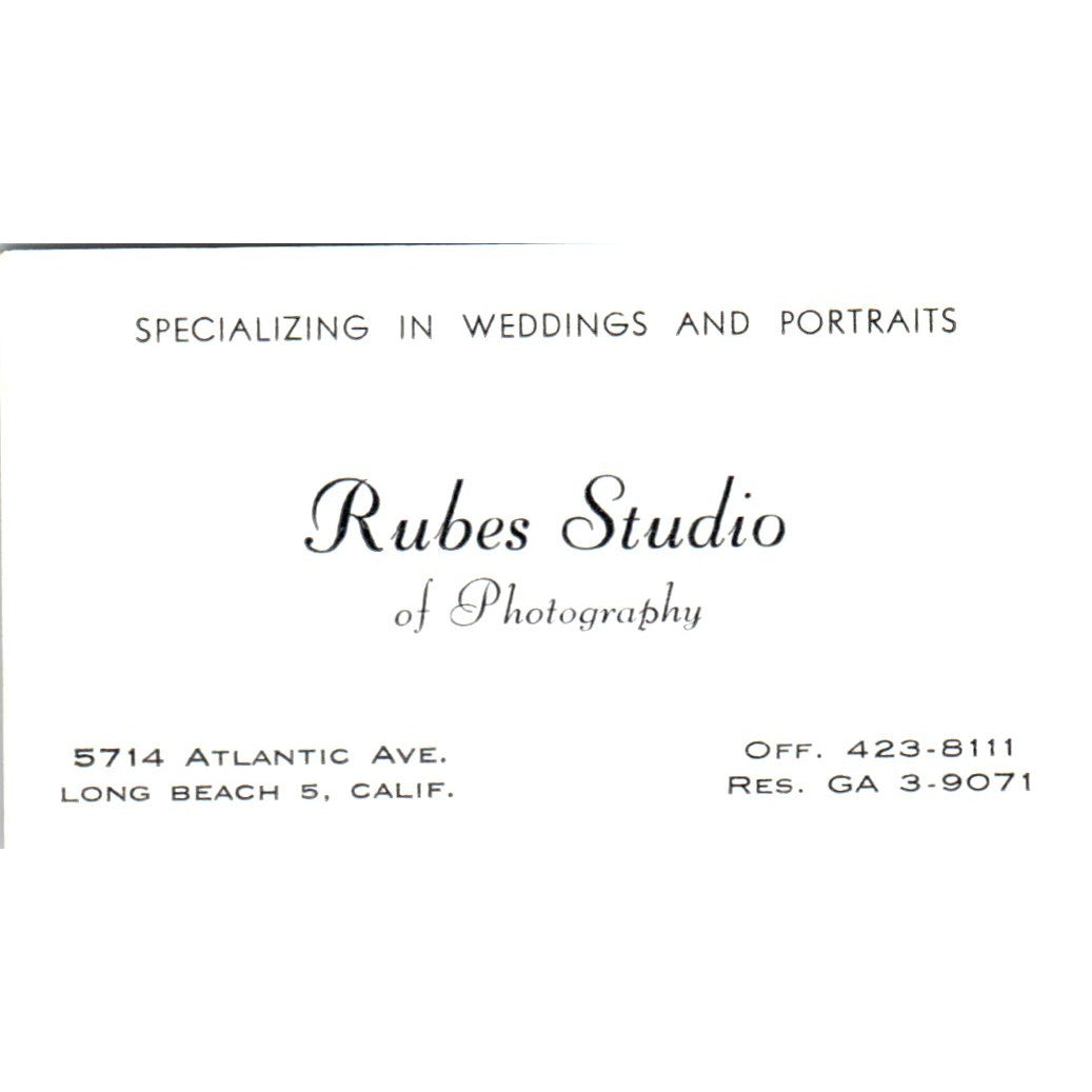 Rubes Studio of Photography Long Beach CA Vintage Business Card SD8-B17