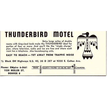 Thunderbird Motel Denver CO 1958 Ad AG1-M2