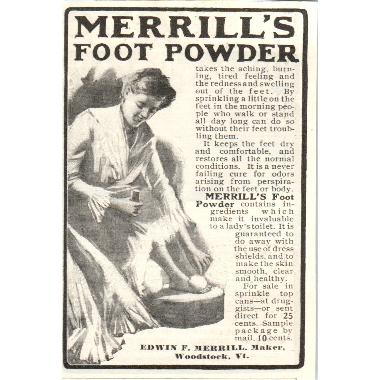 Edwin F. Merrill's Foot Powder Woodstock VT c1905 Original Advertisement AE7-A2